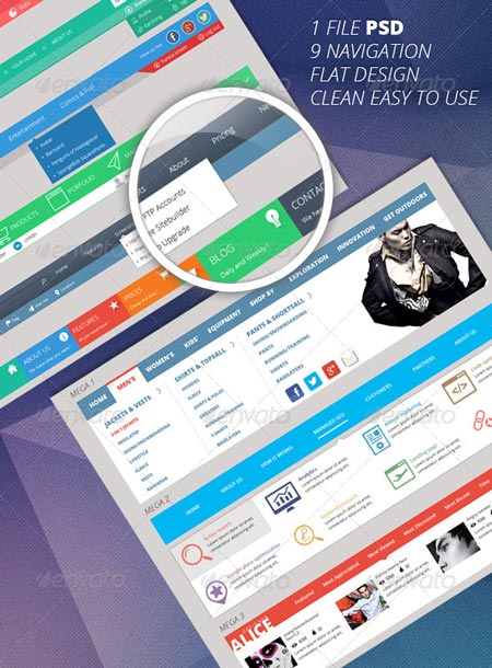 دانلود مجموعه 9 قالب فتوشاپ منو و مگامنو با طراحی تخت